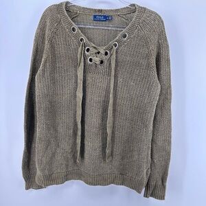 Polo Ralph Lauren Green Open Knit 100% Linen Tie Detail Pullover Sweater Medium